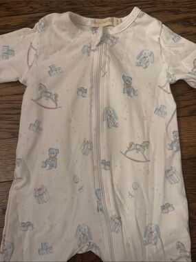 Baby Club Chic 0-3 months onesie - White & Blue Teddy bears & rocking horse